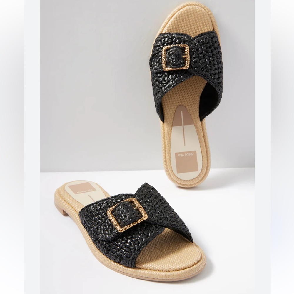 Dolce Vita Black and Tan Slide Sandals with Glitter Strap